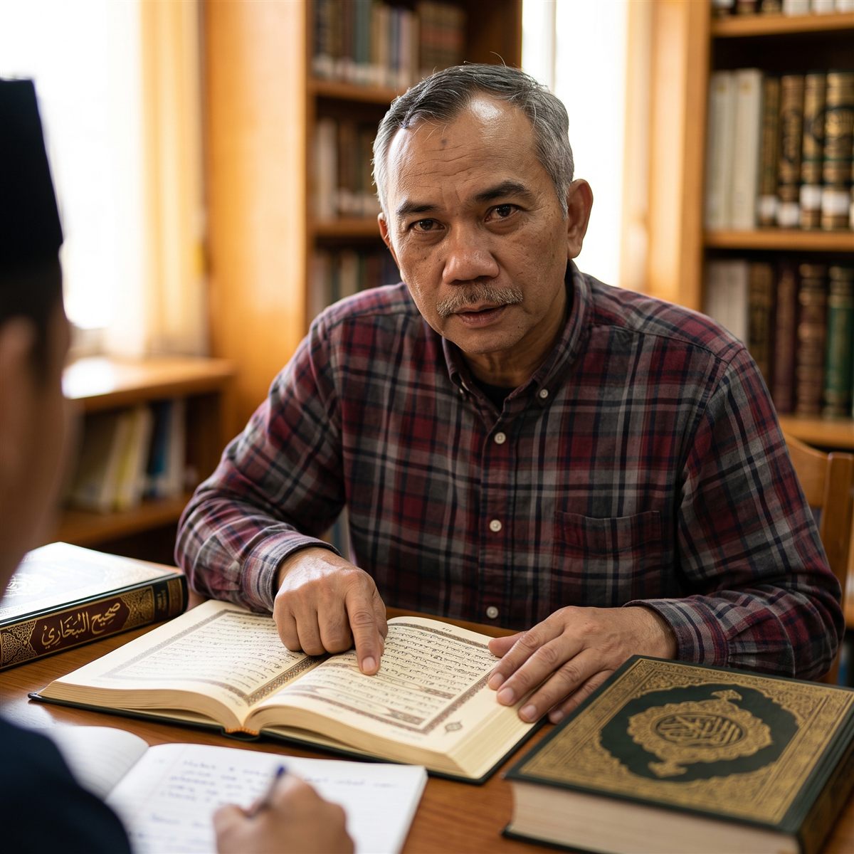 Seorang guru menunjuk ayat pada mushaf Al-Qur'an sambil menjelaskan kepada penanya, dengan kitab Shahih al-Bukhari di sisinya